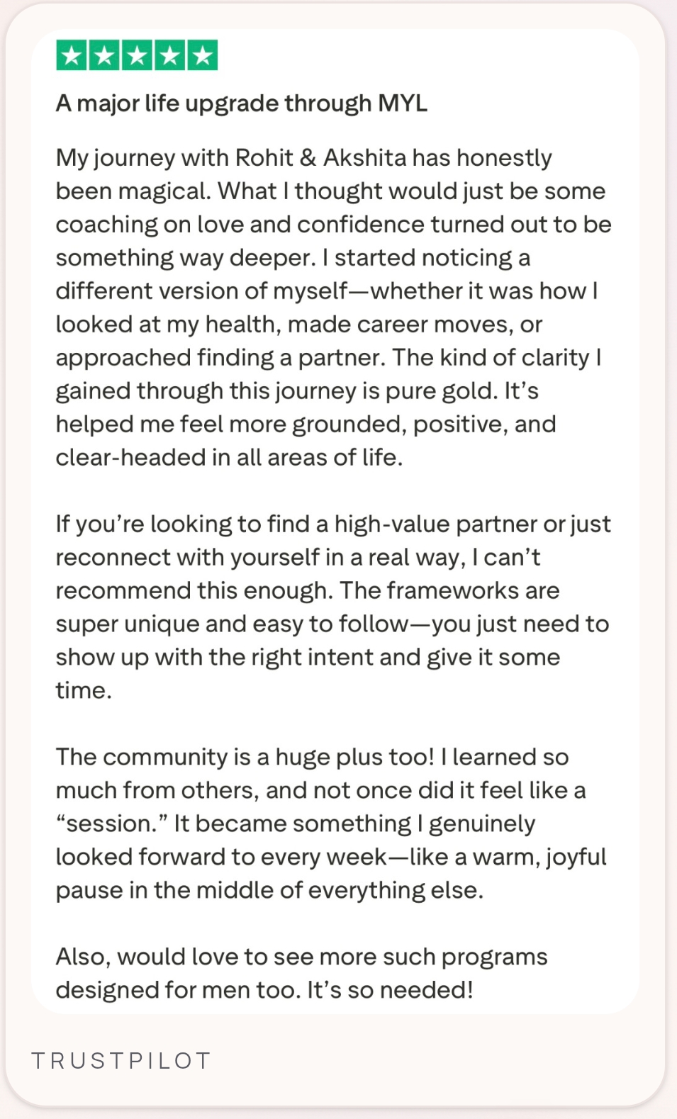 Trustpilot review — A major life upgrade through MYL
