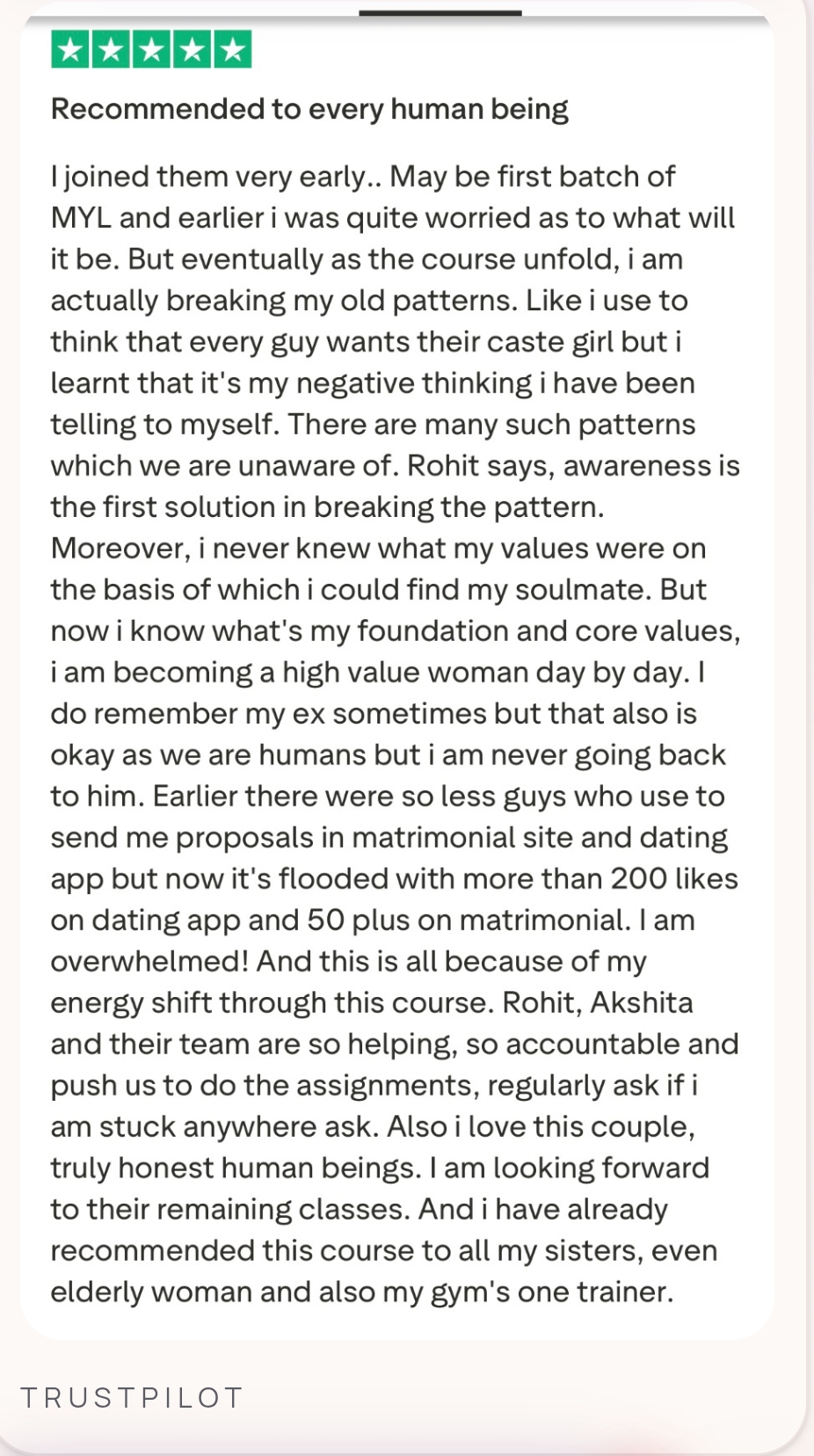 Trustpilot review — Recommended to every human being