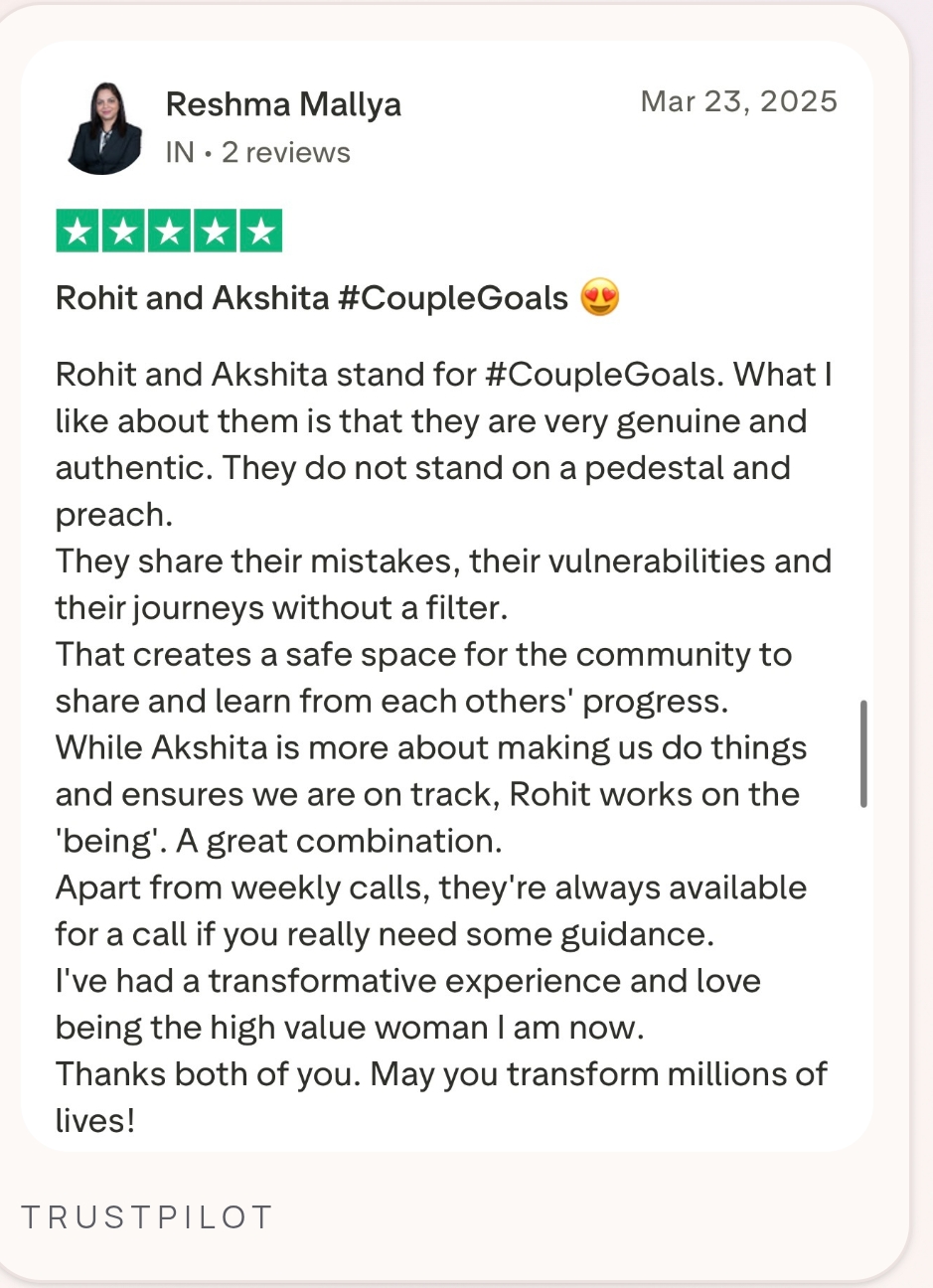 Trustpilot review from Reshma Mallya — Rohit and Akshita #CoupleGoals