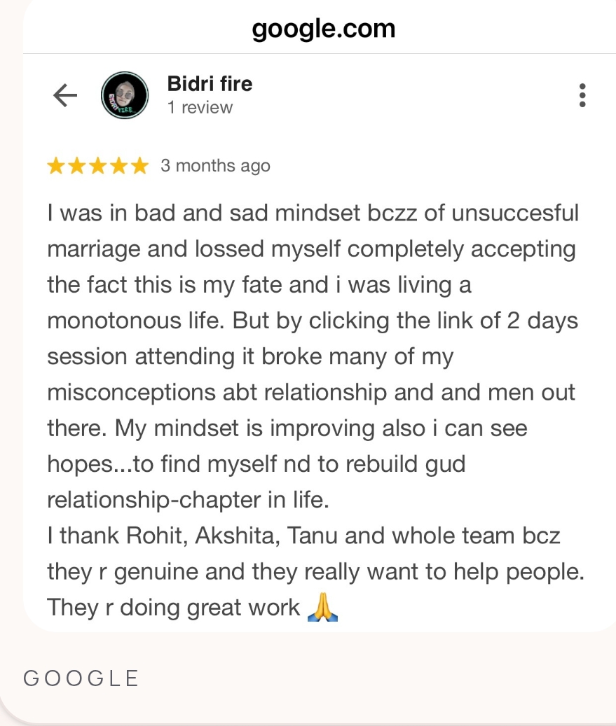 Google review — mindset improving and rebuilding a good relationship