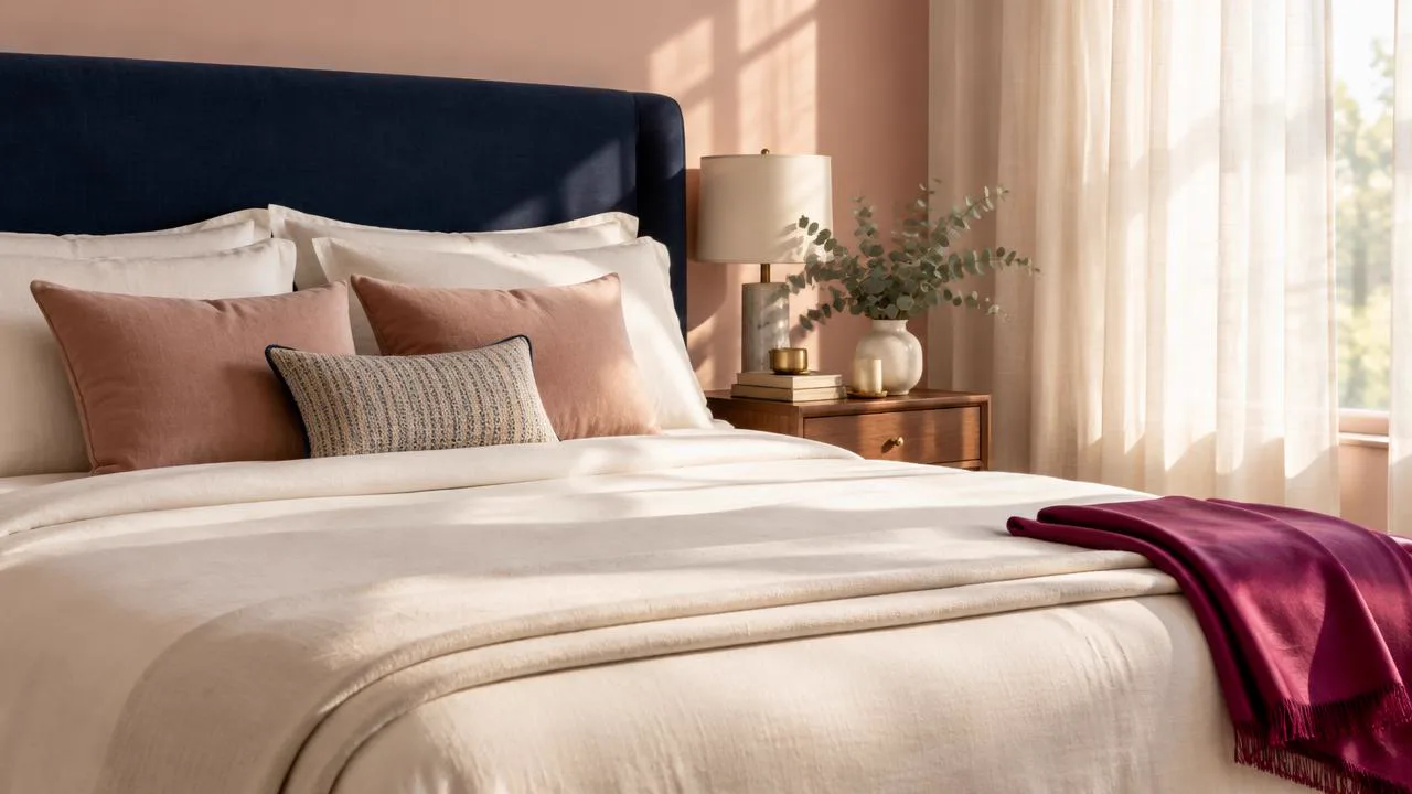 Serene made bed with cream linen and a navy headboard, boundaries in dating that feel like order rather than armour
