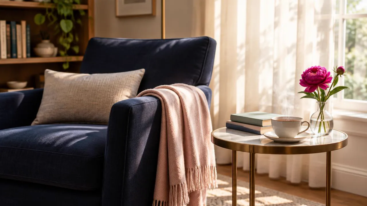 Sunlit reading corner with a navy armchair and folded throw, the calm that follows setting boundaries in dating