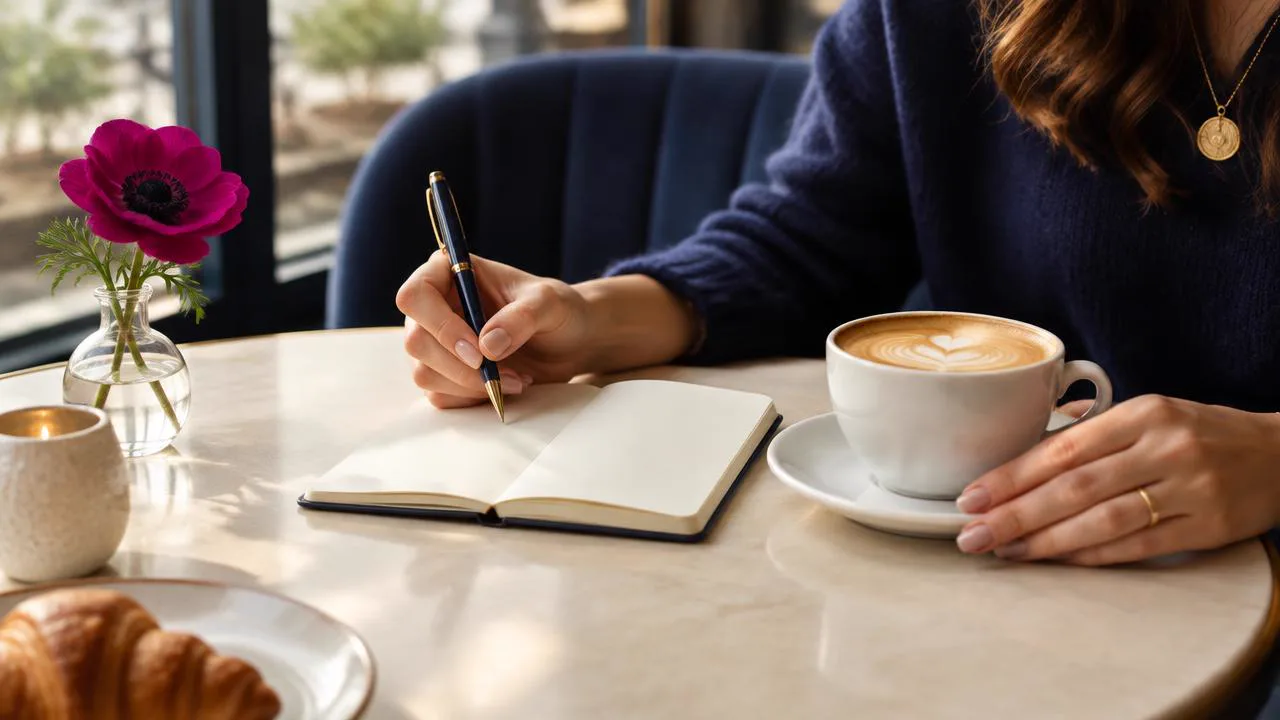 Hand with a pen poised over a small notebook at a café, drafting a boundary in dating to say plainly and once