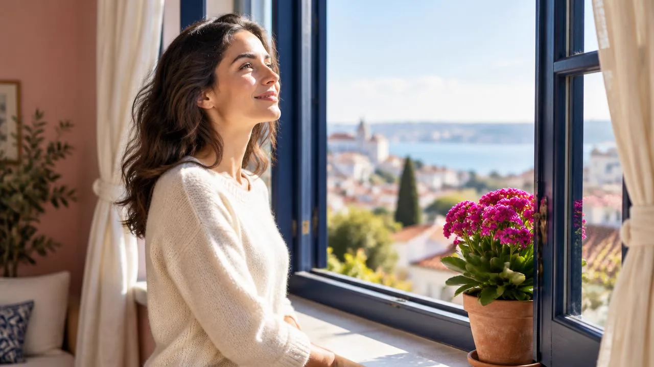 Woman smiling in bright morning light at an open window, the clarity that comes from asking early when dating