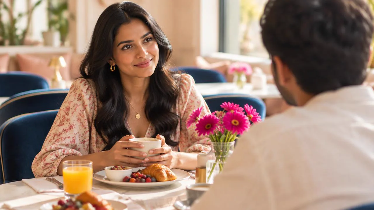 Woman listening with open attention across a sunlit brunch table, noticing green flags to look for when dating