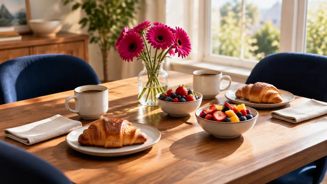 Sunlit breakfast table simply and dependably set for two, reliability as the quietest green flag when dating