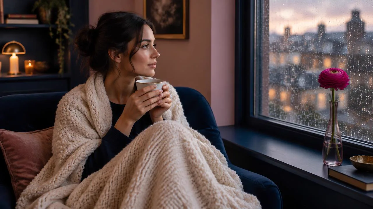 Woman wrapped in a cream blanket by a rainy window with a single magenta ranunculus, grieving the relationship you thought you had