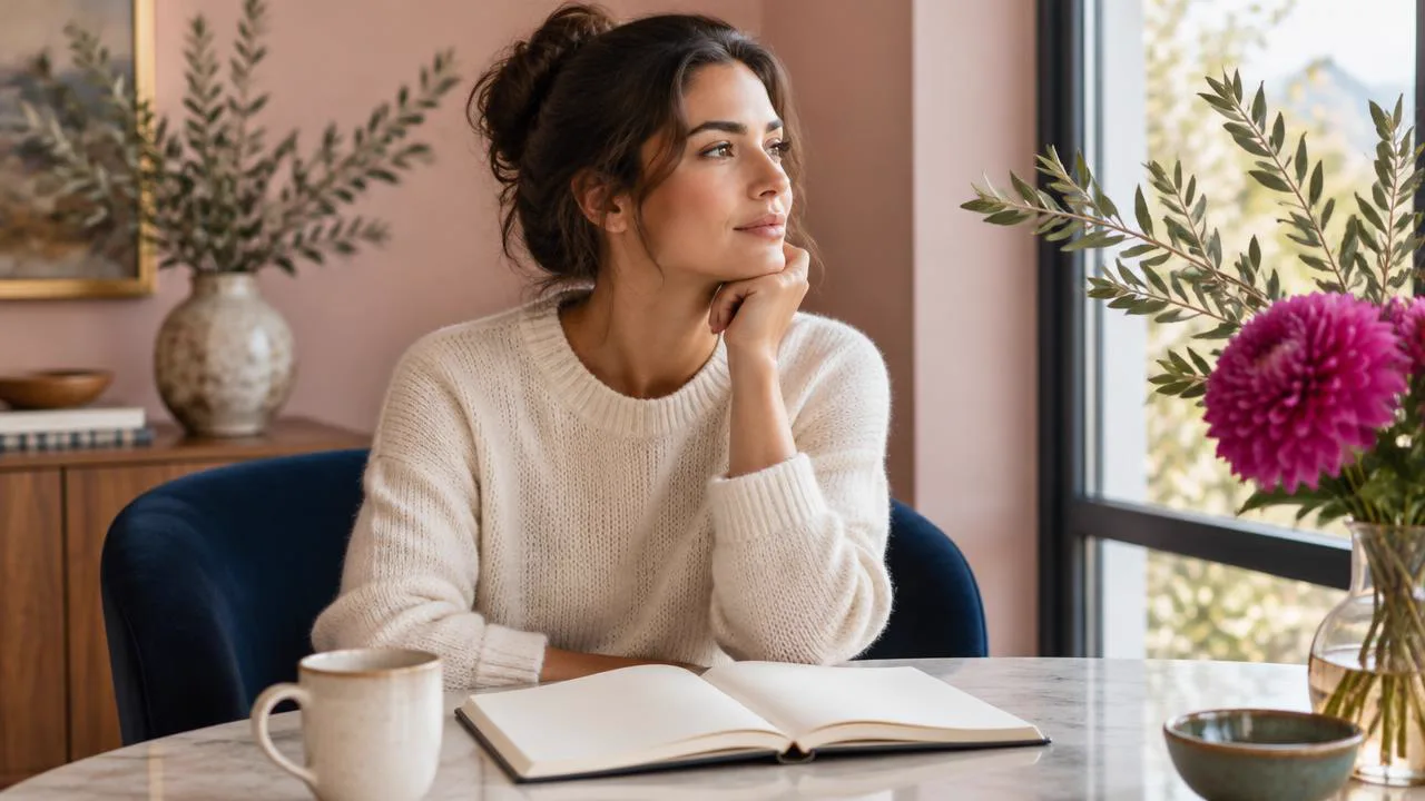 Woman journaling at a bright morning table, reviewing the relationship pattern with curiosity after a breakup