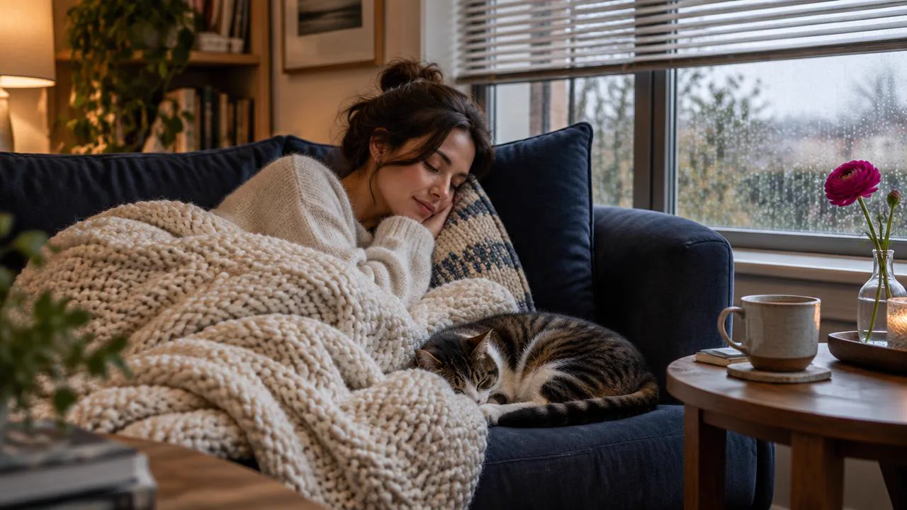 Woman resting on a navy sofa under a knit blanket on a grey afternoon, letting grief have its uneven days