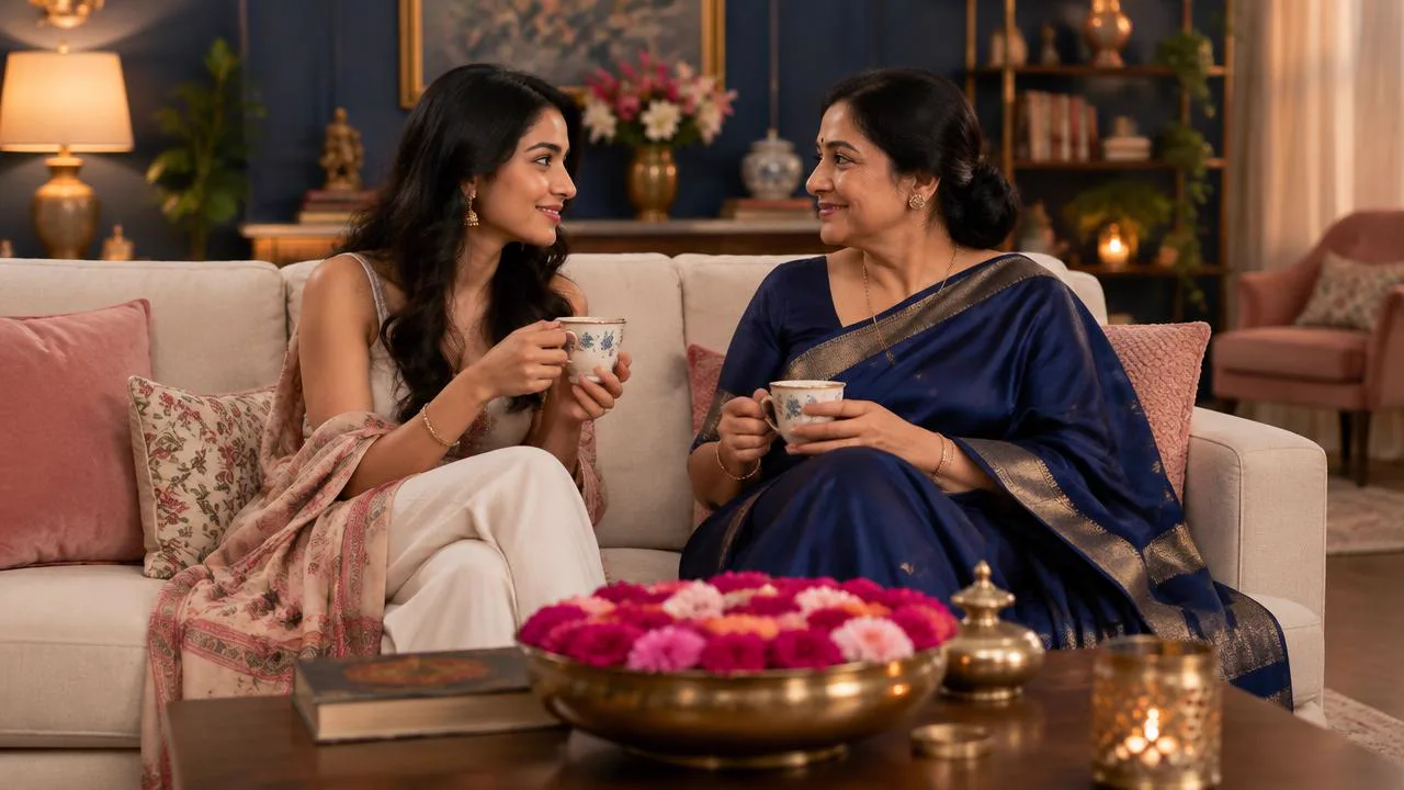 Indian woman and her mother sharing chai and an honest conversation at home, navigating family expectations while choosing a partner