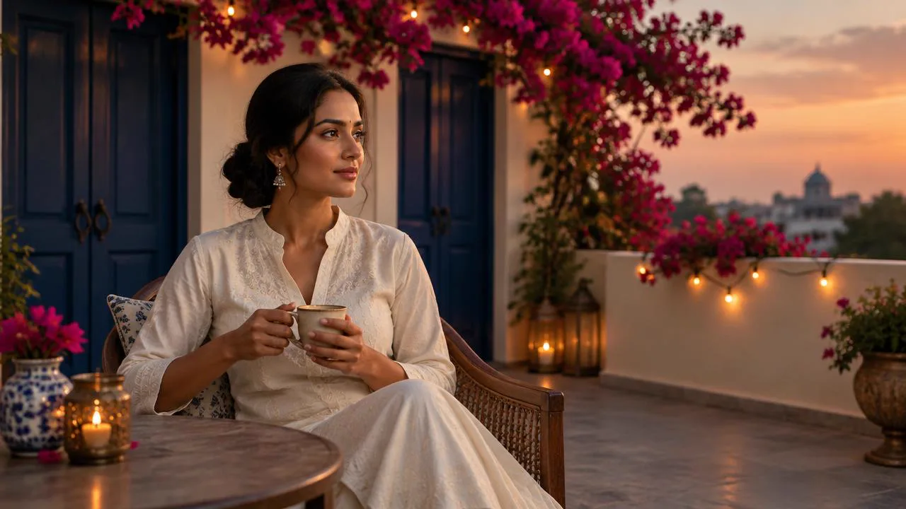 Poised Indian woman holding chai on a bougainvillea terrace at dusk, steady and clear about choosing her own partner