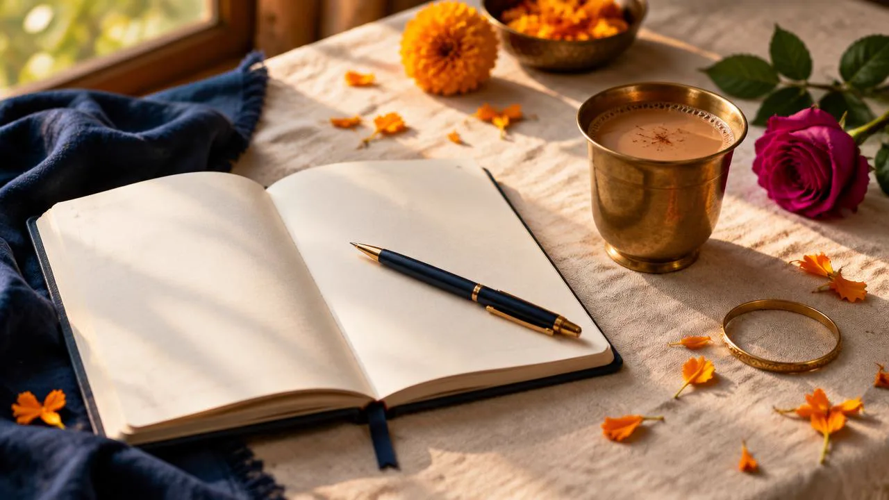 Open journal with a pen beside brass-rimmed chai and marigolds, separating family wishes from your own when choosing a partner