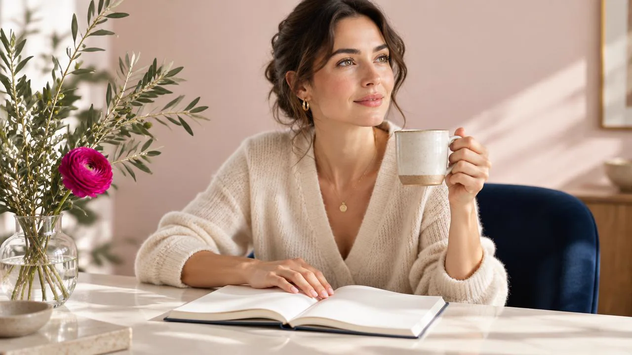Woman at a bright desk with an open notebook and coffee, drafting what she wants to say when dating