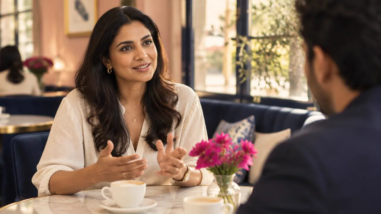 Woman speaking openly and warmly across a sunlit café table, showing how to communicate what you want when dating