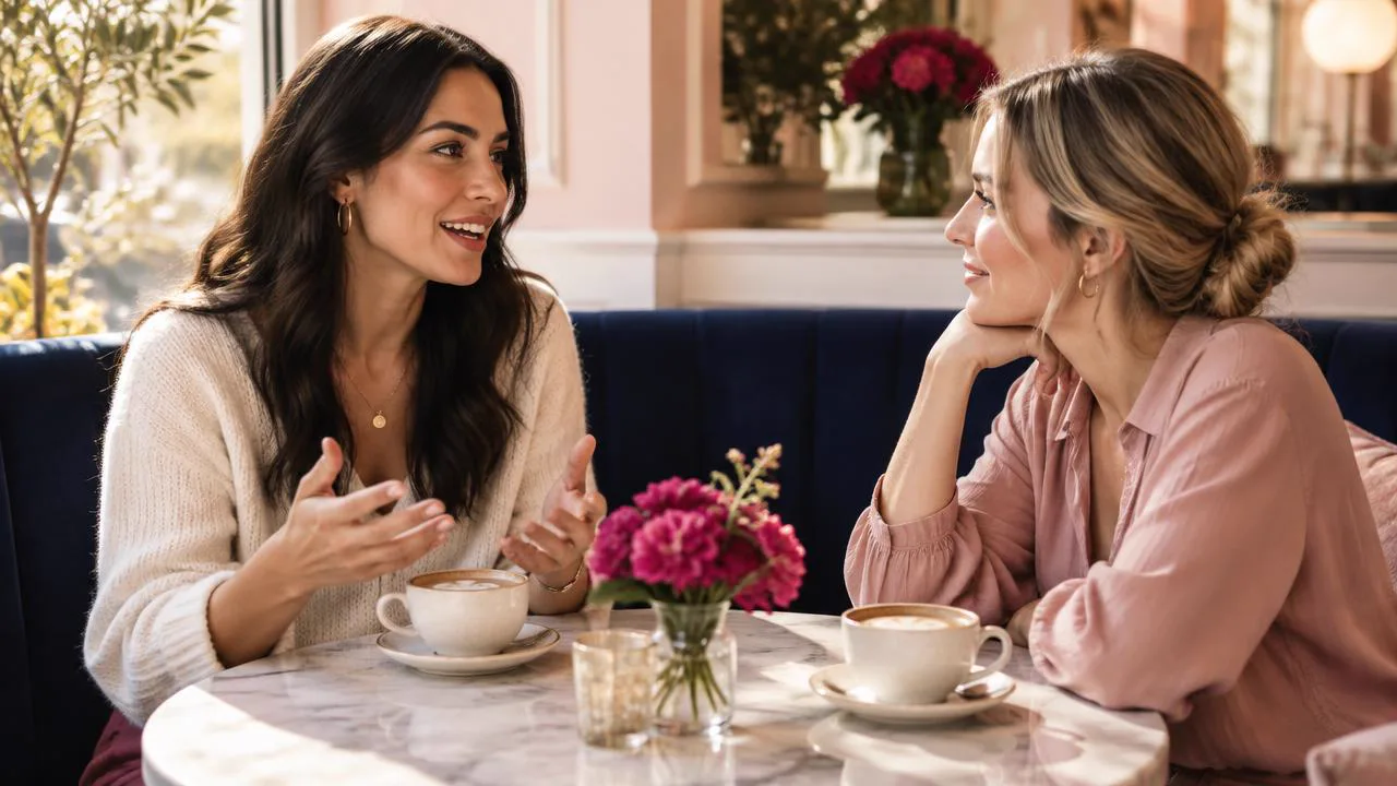 Two women in warm attentive conversation at a sunlit café, proof that warm and direct are not opposites
