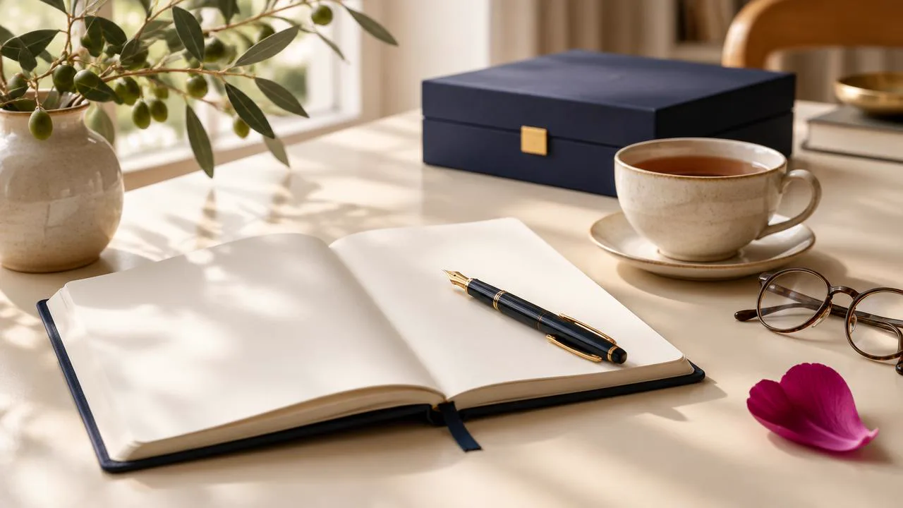 Open journal, pen and tea on a cream desk — a readiness check exercise for knowing if you are ready for a relationship