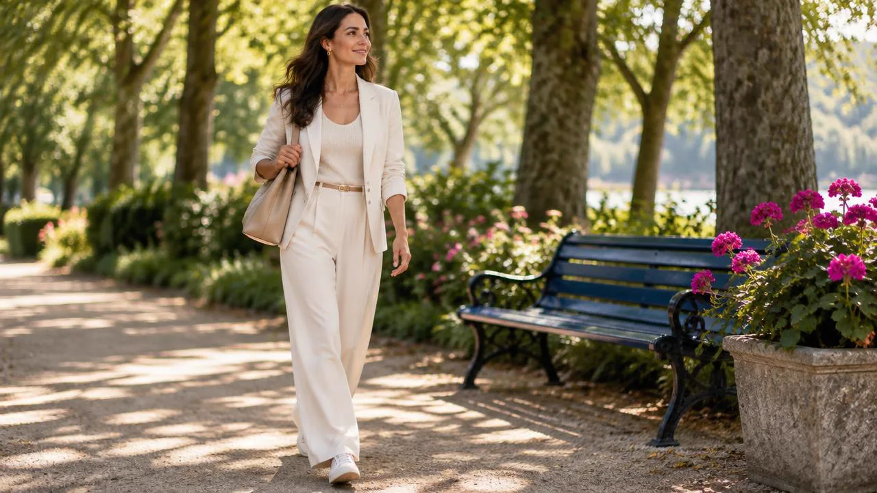 Woman walking a sunlit park path with her phone packed away, a clear mind instead of overthinking early dating