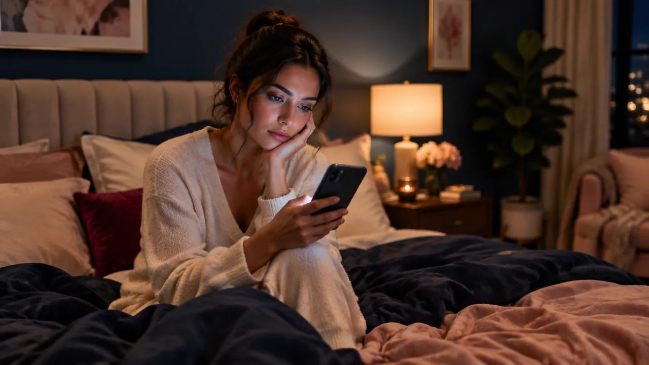 Woman lying awake in a navy bedroom at night checking her phone, the overthinking spiral of early dating