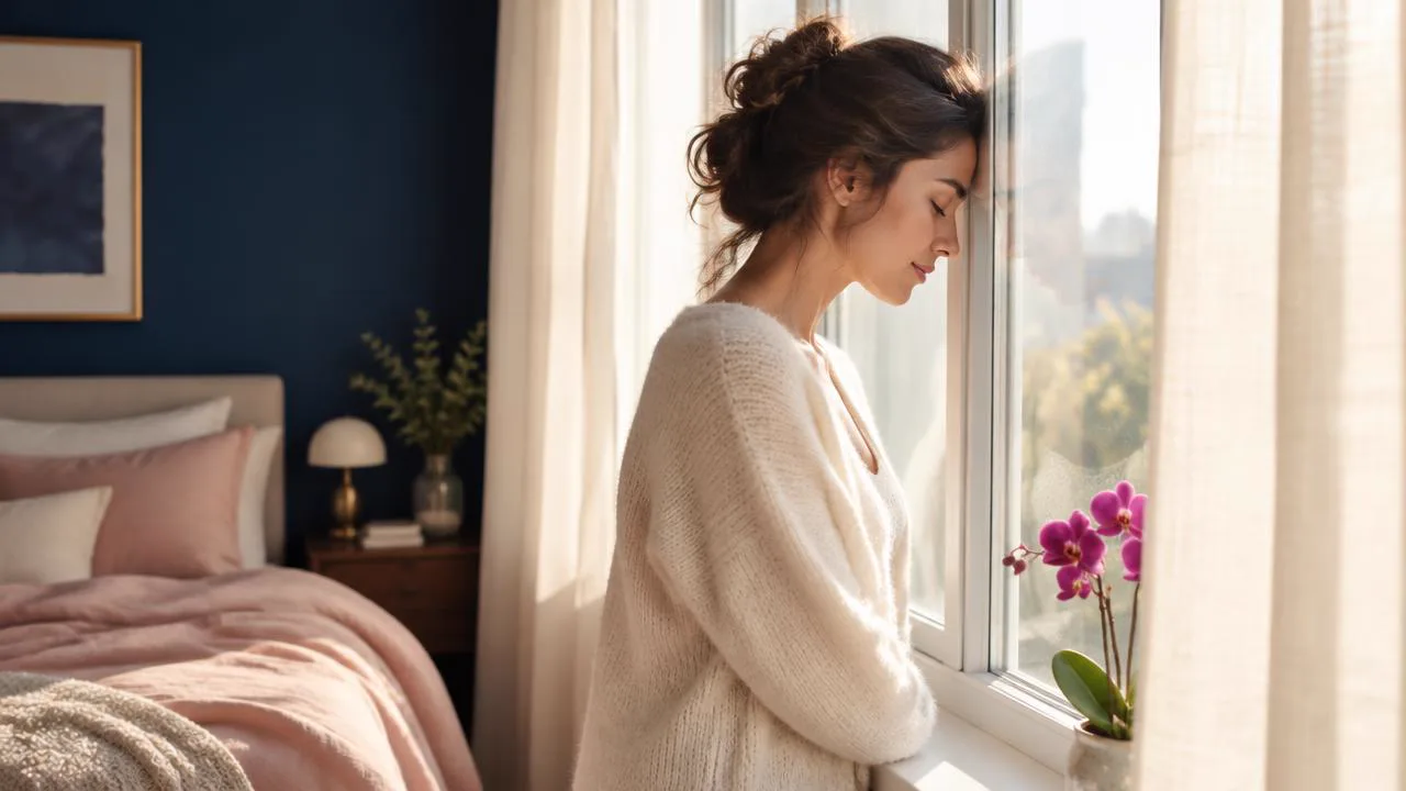 Woman breathing calmly at a bright morning window, the quiet after learning how to stop overthinking in early dating