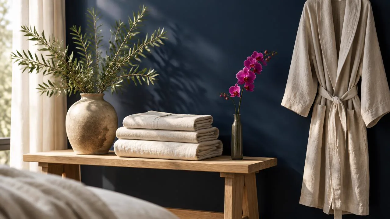 Neatly folded cream linen and a cared-for robe on a wooden bench, small kept promises that build self-worth