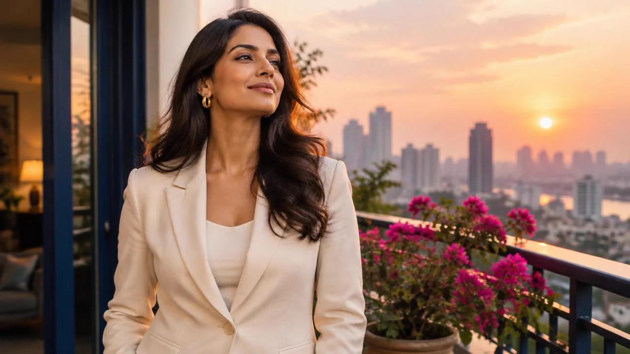 Confident Indian woman on a golden-hour city balcony, standing tall while learning how to build self-worth