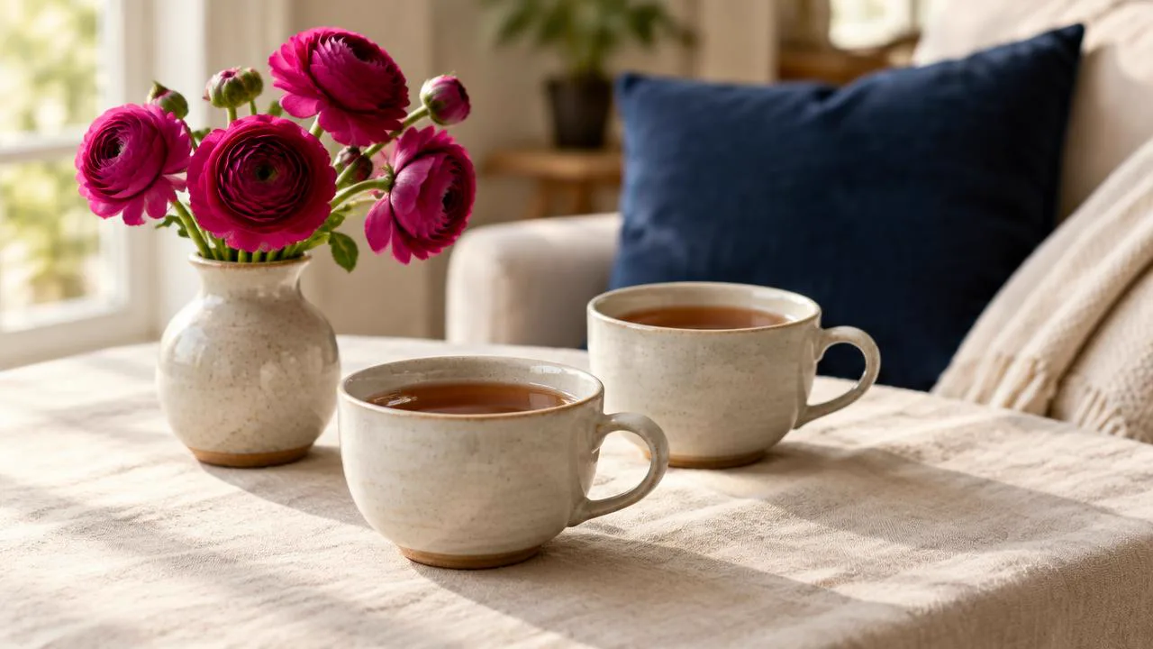 Two cups of tea side by side on cream linen, the undramatic consistency of a secure relationship