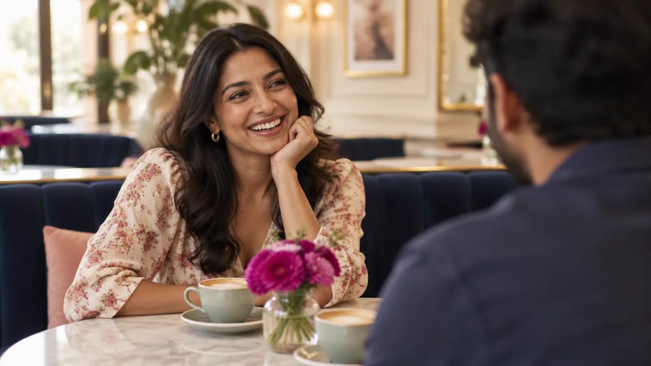 Woman laughing softly and fully at ease across a café table, what a secure relationship feels like in the body