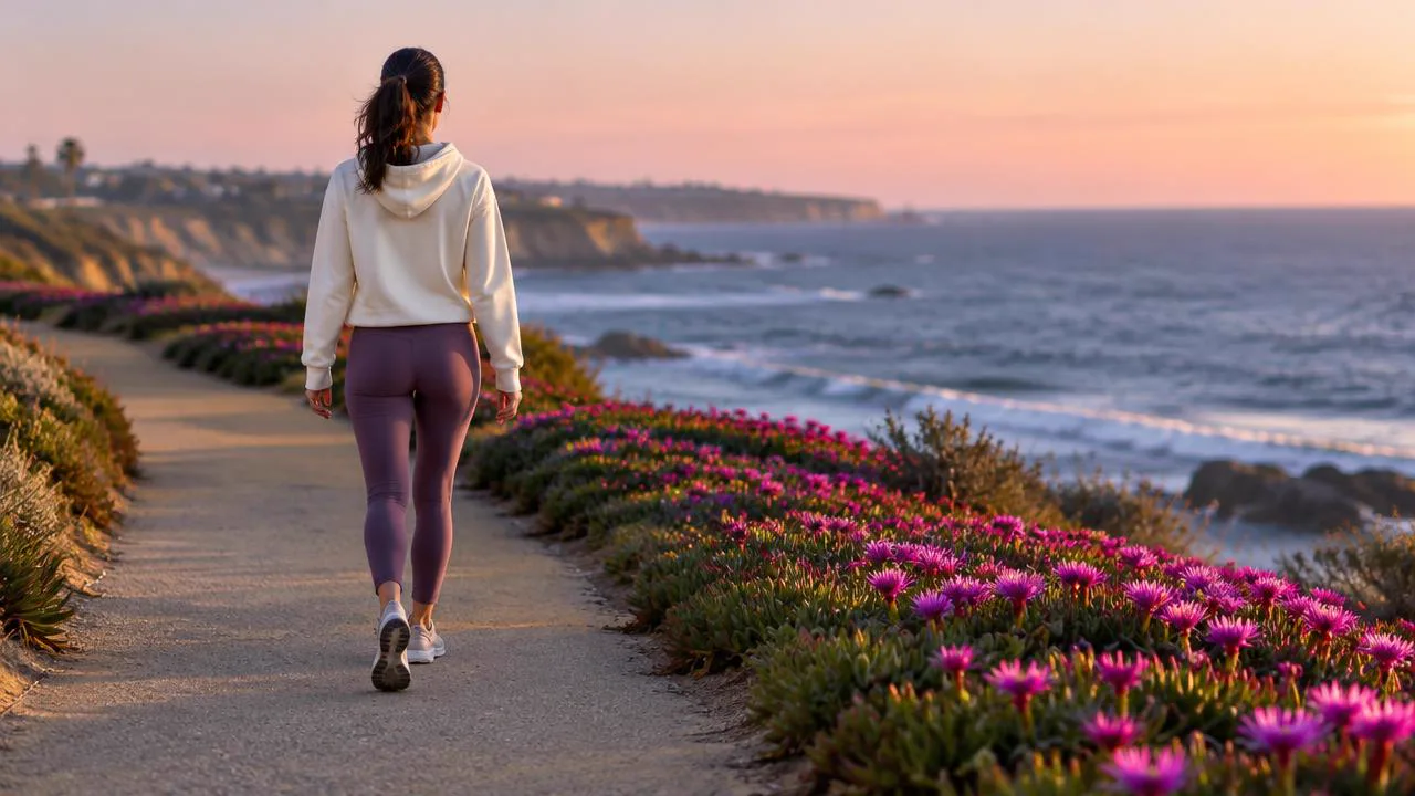 Woman walking a coastal path at sunrise at an easy steady pace, choosing a secure relationship as a daily practice