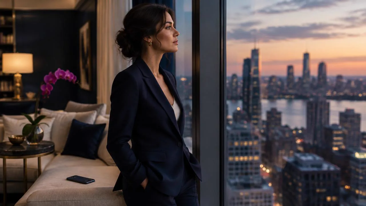 Successful woman in a navy blazer gazing from a high-rise window at dusk, capturing why women stay in almost-relationships