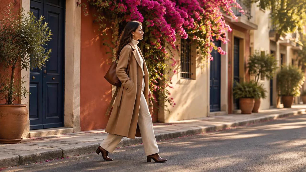 Woman in a camel coat walking alone down a quiet sunlit street after leaving an almost-relationship