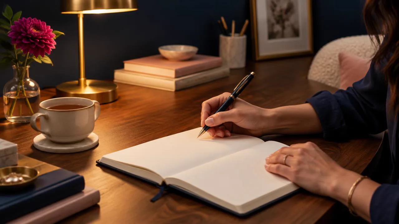 Woman journaling late at night by lamplight, writing down what she has been tolerating in an almost-relationship